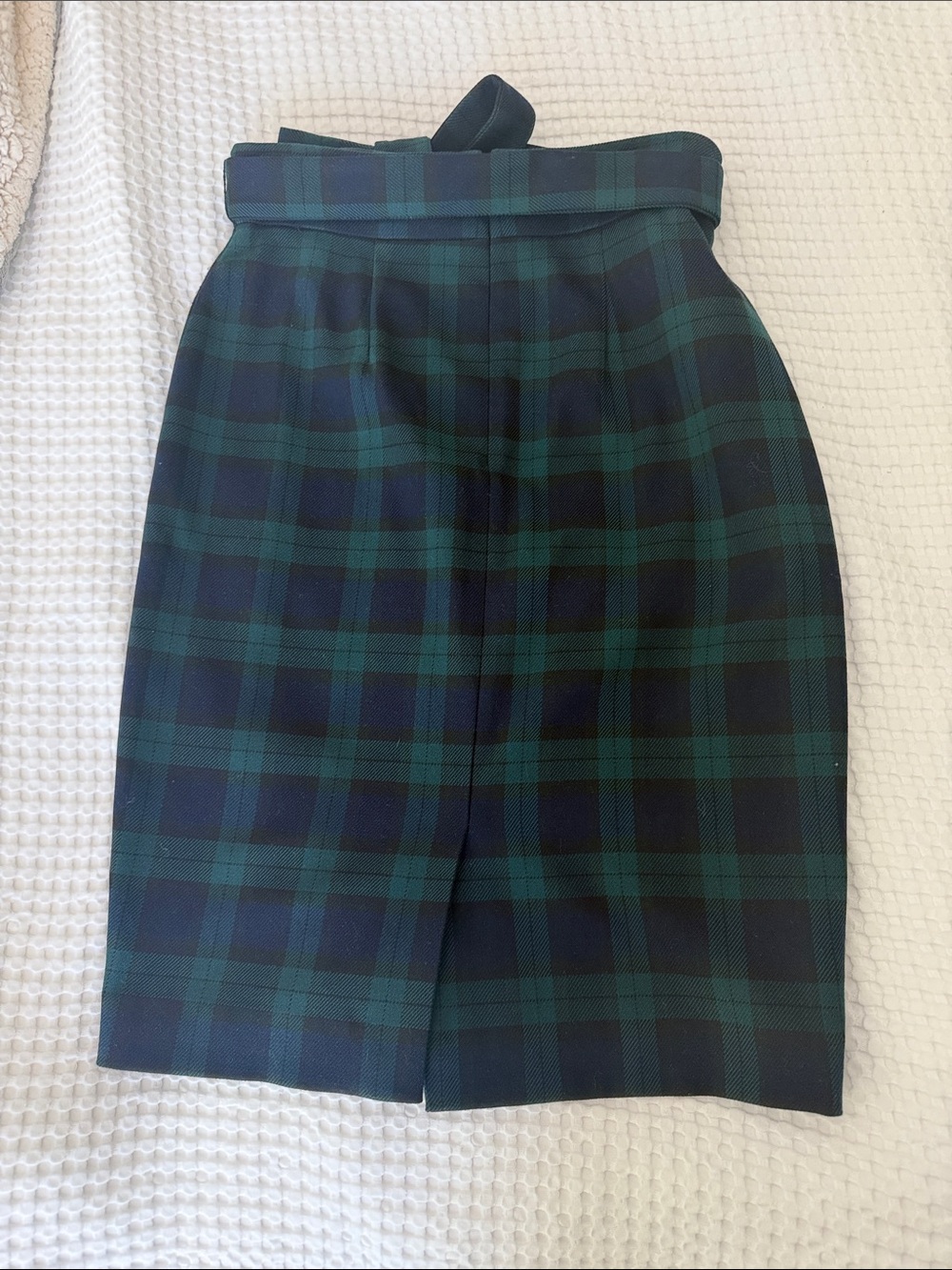 Ann Taylor Green and Navy Plaid Pencil Skirt with Waist Tie - Picture 2 of 3